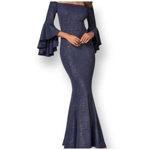 VENUS NAVY & SILVER METALLIC OFF-THE-SHOULDER BELL SLEEVE DRESS SZ.6 EUC. - Picture 1 of 10